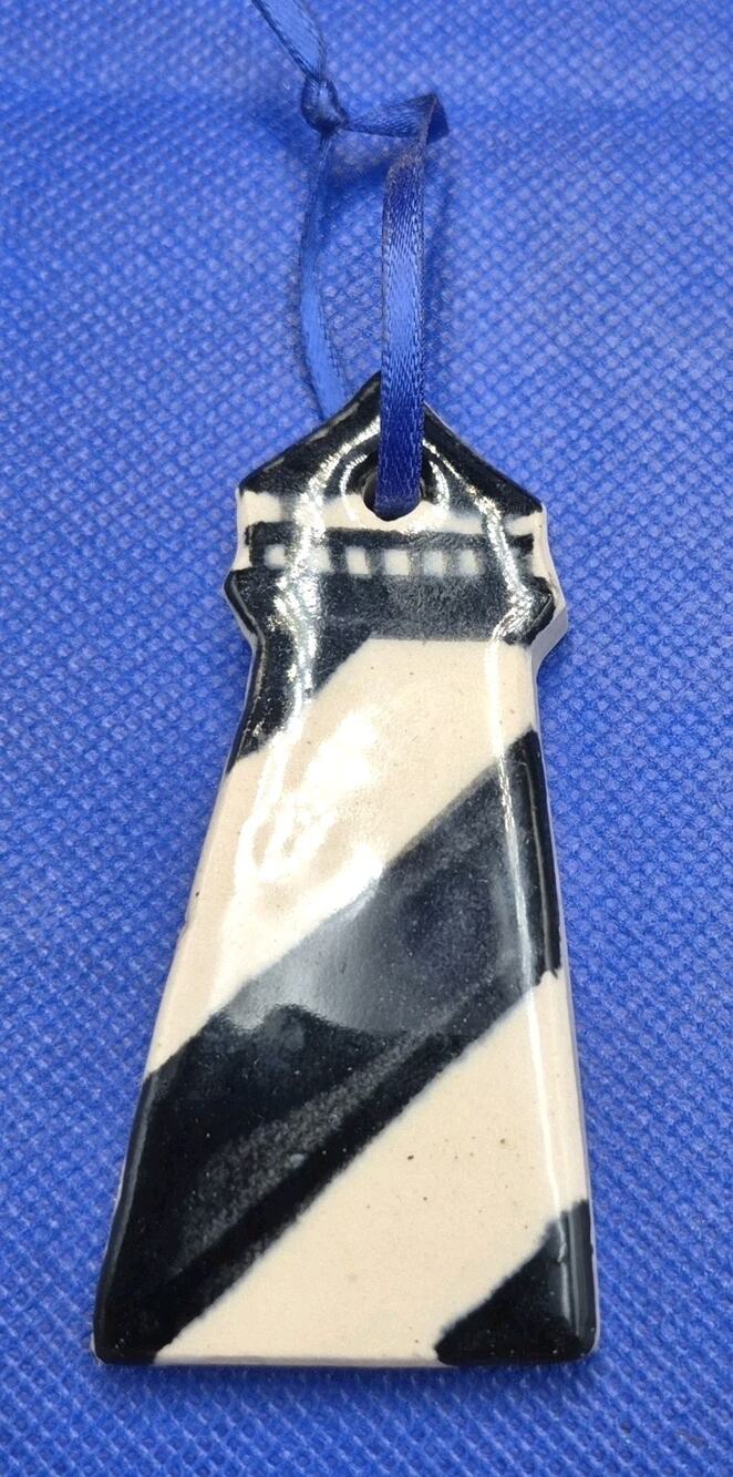 Vintage Handcrafted Glazed Ceramic Lighthouse Ornament Black White Signed 3.25"